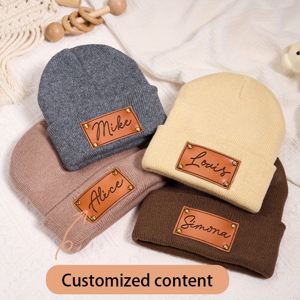 Beanie Cuffed Knit - Custom Leather Patch Beanie Custom Name