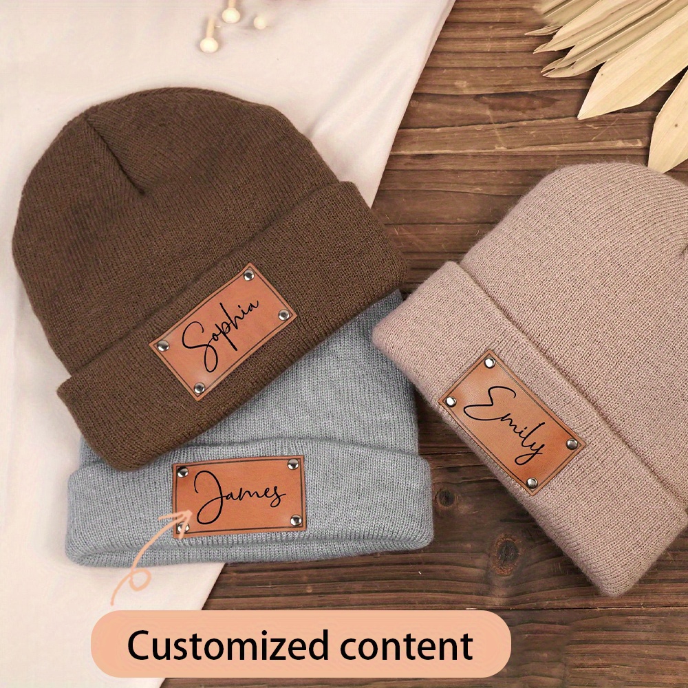 Beanie Cuffed Knit - Custom Name Leather Label Knit Beanie